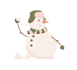 Cute snowman playing snowballs, winter game. Happy snow man throwing snowy balls. Cold frozen character in warm hat during wintertime activity. Flat vector illustration isolated on white background
