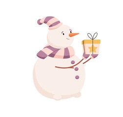 Cute snowman present Christmas gift. Happy snow man in cap and scarf with Xmas box in hands. Funny winter holiday character with surprise. Flat vector illustration isolated on white background
