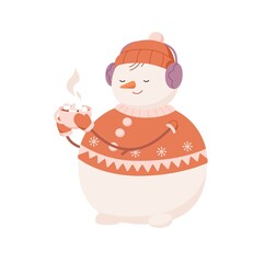 Cute snowman drinking hot cocoa, holding Christmas cup with marshmallows. Happy winter snow man in hat, sweater and ear muffs with mug in hands. Flat vector illustration isolated on white background