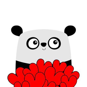 Panda bear holding red heart set bouquet. Cute kawaii cartoon character. Funny head face. Happy Valentines Day. Baby greeting card template. Notebook cover, tshirt. White background. Flat design.