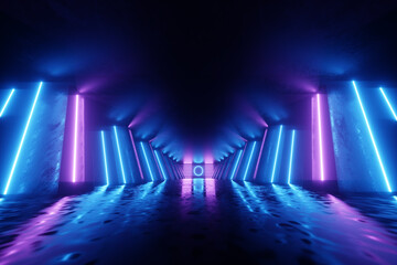 Obraz premium Abstract neon background blue purple neon. Modern design, trend interior, ultraviolet light, nightclub, luminous panels, stage decorations, corridor, tunnel. 3d render 3d illustration copy space.