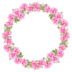 Watercolor wreath from realistic pink flowers. For card, wedding design.