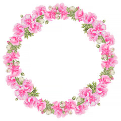 Watercolor wreath from realistic pink flowers. For card, wedding design.