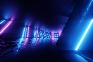 Naklejka premium Abstract neon background blue purple neon. Modern design, trend interior, ultraviolet light, nightclub, luminous panels, stage decorations, corridor, tunnel. 3d render 3d illustration copy space.