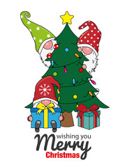 Christmas card. Gnomes with Christmas tree. Isolated vector