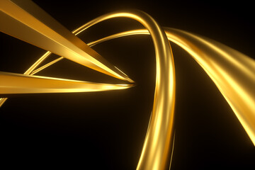 Dark gold background, abstract figure, luxurious golden shapes, on a black background. Gold waves, metal lines, elegant background, Geometric design. 3D render, 3D illustration
