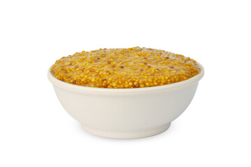 granular mustard in white bowl isolated on white