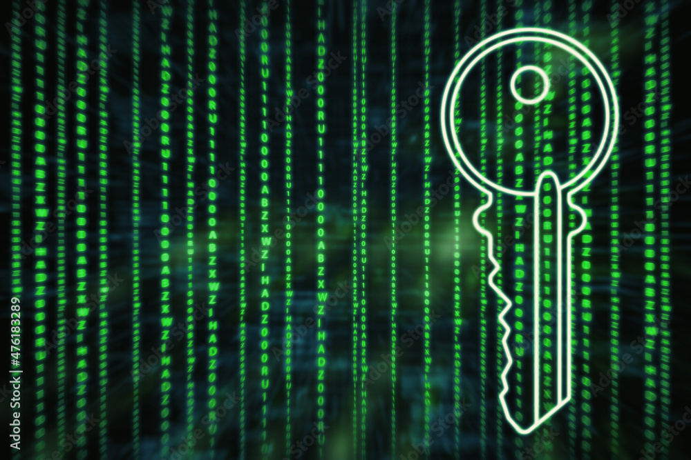 Poster Abstract digital key on dark coding language background with mock up place. Technology and web access concept. 3D Rendering.