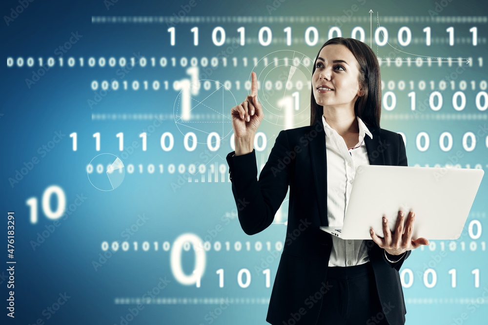 Poster portrait of happy european businesswoman holding laptop with abstract glowing interface with binary 