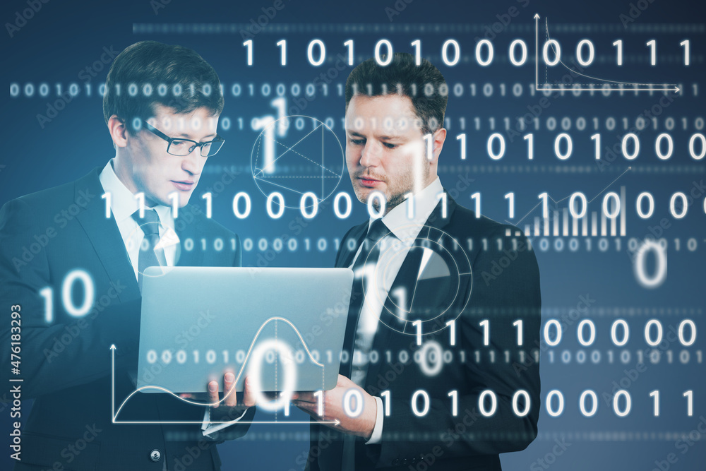 Poster European businessmen using laptop together with abstract glowing interface with binary code and business chart. Information, teamwork, technology and data concept. Double exposure.