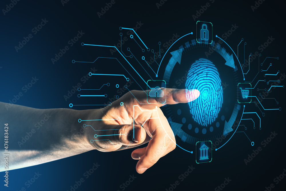 Poster close up of businessman hand pointing at creative blue fingerprint scanning interface on dark backgr