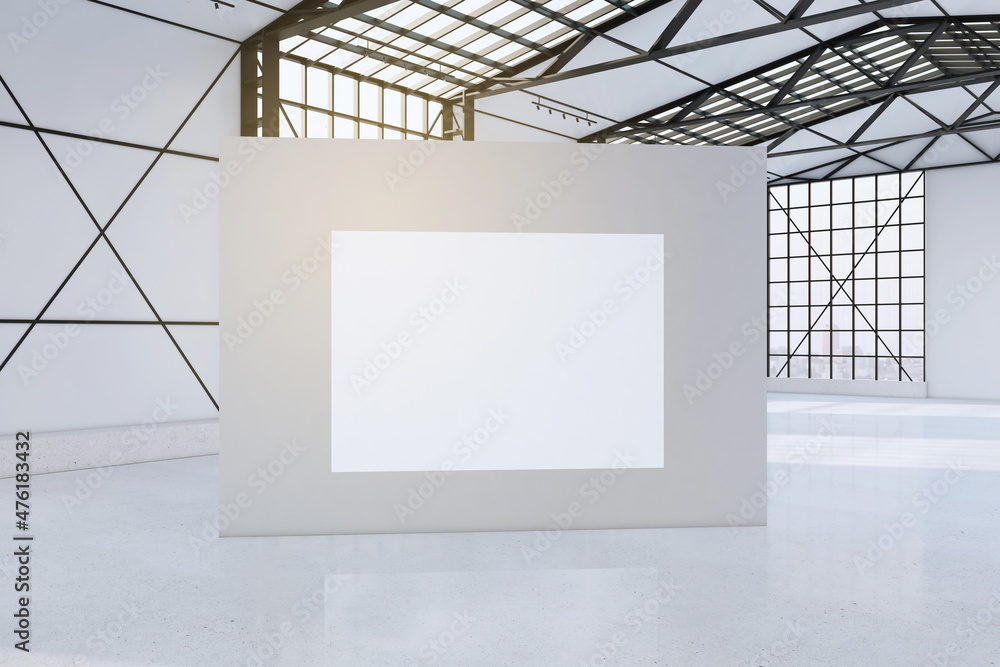 Poster bright spacious concrete empty hangar interior with blank mock up poster on wall, sunlight, city vie