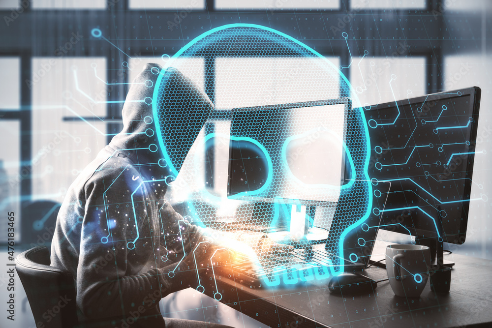 Aufkleber Abstract image of hacker at desktop using computers with glowing digital skull on blurry background. Hacker, technology, cyber and virus concept. Double exposure.