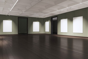 Bright museum interior with empty white posters and dark wooden parquet flooring with reflections. Picture gallery, design and art concept. Mock up, 3D Rendering.