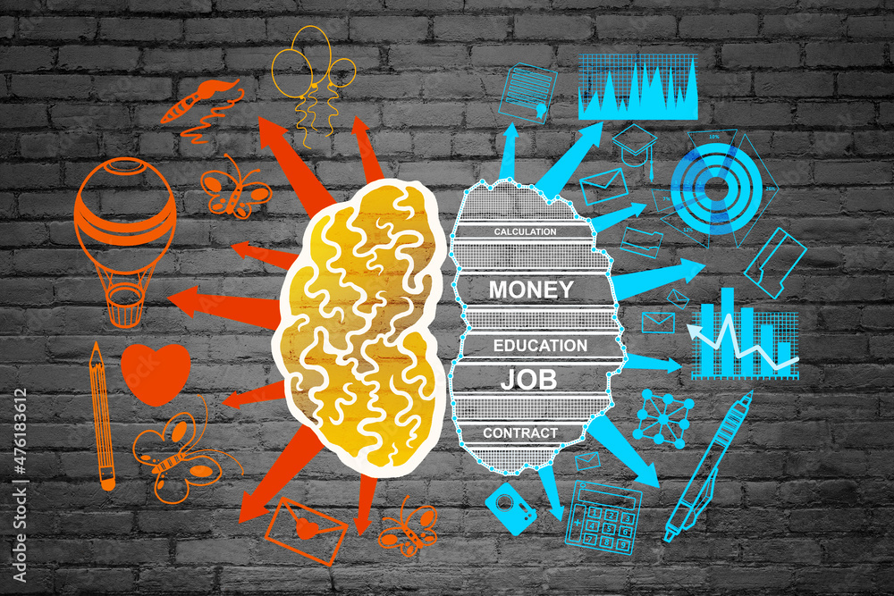 Poster creative brain sketch with creative and analytical side on brick wall backdrop. science, mind and cr