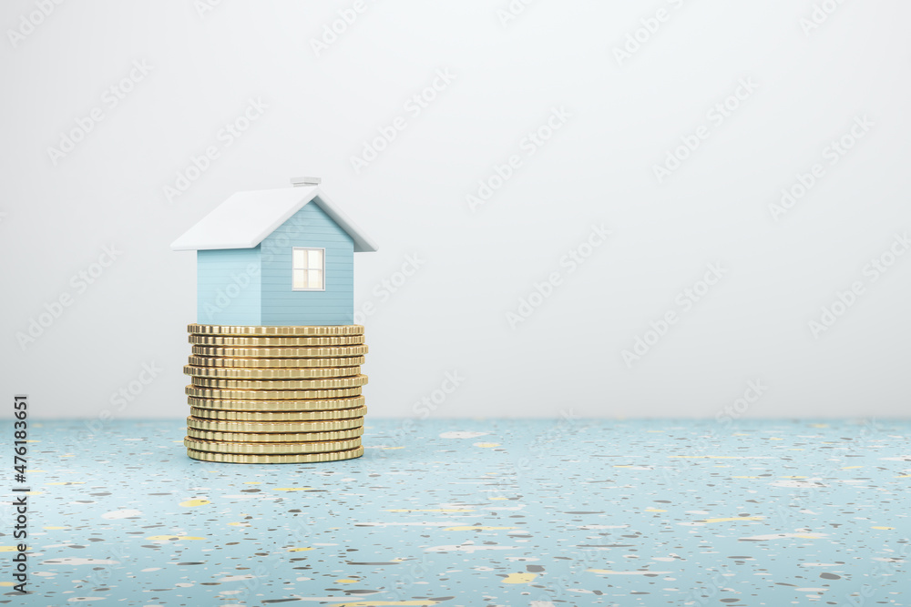 Poster abstract house on golden coins stack. light blue background with mock up place. mortgage, money and 