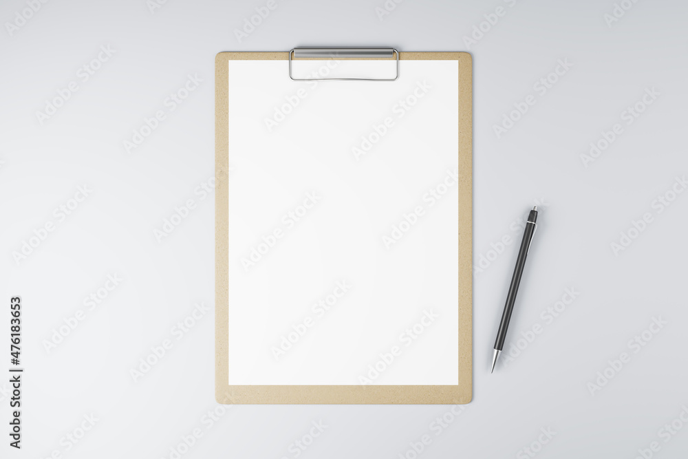 Poster top view and close up of empty white clipboards on light background, stationery and mock up supplies