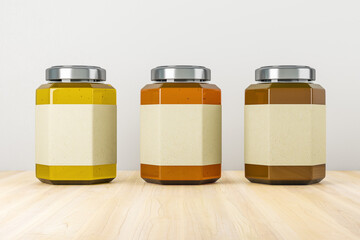 Empty label honey jars on light wooden background. Product packaging, sales and marketing concept. Mock up, 3D Rendering.