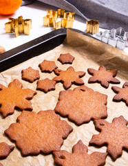 Christmas gingerbread cookies on baking sheet, pan