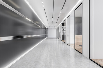 Modern wooden and concrete office corridor interior with glass walls. Workplace concept. 3D Rendering.