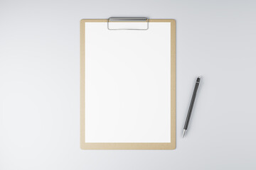 Top view and close up of empty white clipboards on light background, Stationery and mock up supplies concept. 3D Rendering.