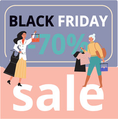 Women in clothing store on black friday. Seasonal discount offers clothes on sale. Closeout in boutique. Happy shopaholic makes purchase. Satisfied female customer with shopping bags in fashion market