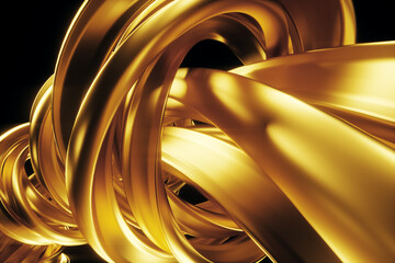 Dark gold background, abstract figure, luxurious golden shapes, on a black background. Gold waves, metal lines, elegant background, Geometric design. 3D render, 3D illustration.