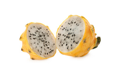 Delicious cut yellow pitahaya fruit on white background