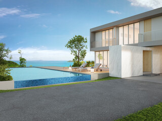 Luxury beach house with sea view swimming pool and big garden in modern design. Empty green grass lawn at vacation home. 3d illustration of contemporary holiday villa exterior.