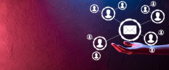 Obraz premium Email and user icon,sign,symbol marketing or newsletter concept, diagram.Sending email.Bulk mail.Email and sms marketing concept. Scheme of direct sales in business. List of clients for mailing.Neon