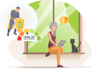 Old woman with computer sitting on windowsill with cat. Senior lady dealing with technology. Female character has difficulties, questions in work with laptop. Low level of gadget ownership concept