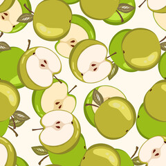 Seamless pattern with apple on white background. Natural delicious fresh tasty fruit. Vector illustration for print, fabric, textile, banner, other design. Stylized apples with leaves. Food concept