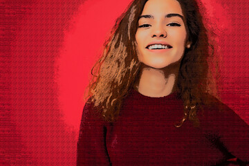 Young beautiful curly brunette woman with sincere emotions poising isolated on background wall with copy space wearing casual dark red sweater. Joy concept