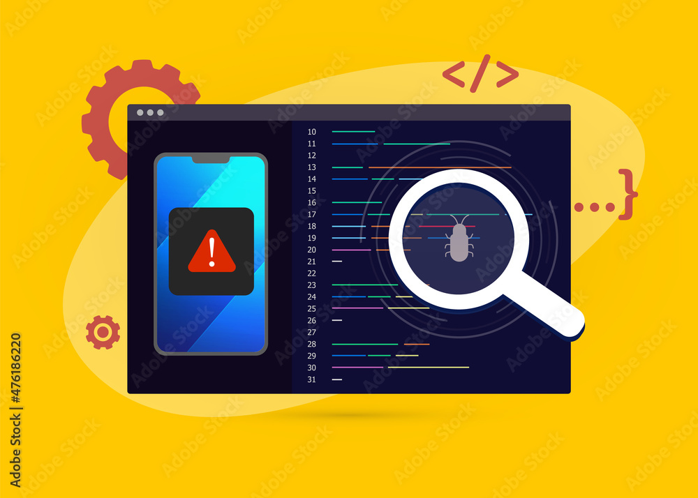 Poster Debug Mobile Application, Software App Development concept. Test and fixing application, mobile debugging tools. Flat vector illustration