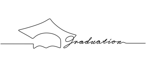 Continuous one single line of graduation hat with graduation word isolated on white background.