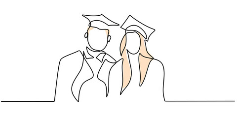 Continuous one single line of couple using graduation clothes isolated on white background.
