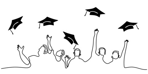 Continuous one single line of students throw their graduation hat isolated on white background.