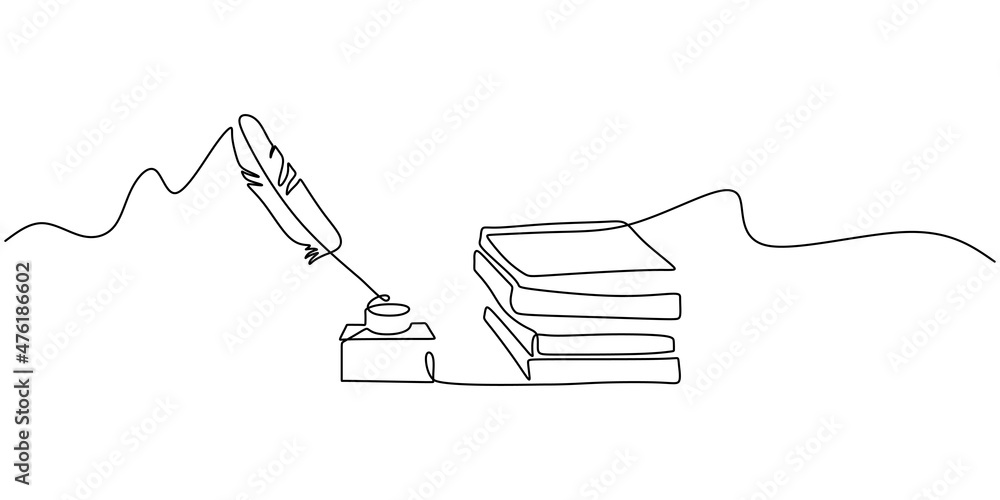 Poster continuous one single line of pen and book isolated on white background for studying stuff.