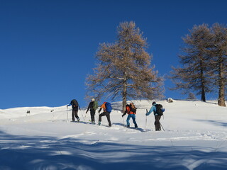 Ski de randonnée alpinisme dans les montagnes des Alpes l'hiver dans la neige avec un groupe de...