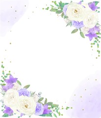 美しい白いバラの花と紫色の花の招待状縦水彩画風フレームベクターイラスト素材
