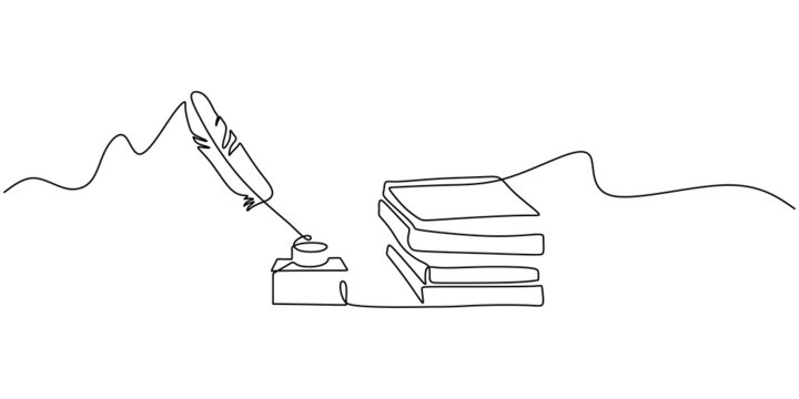 Continuous one single line of pen and book isolated on white background for studying stuff.