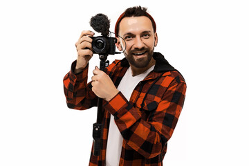 blogger with video camera and microphone on white background