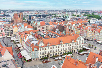 Naklejka na ściany i meble Wroclaw, Poland - largest city of Silesia, Wroclaw displays a colorful Old Town. Here in particular a sight of it from the top of St Elizabeth Church