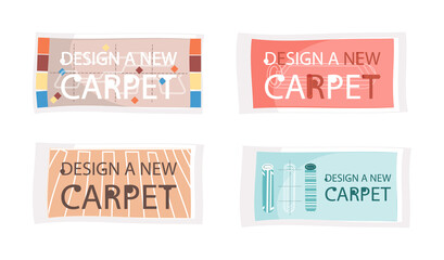 Design a new carpet flat vector banner, isolated on white background. Rug top view, floor covering. Poster with tapis and lettering for promotional products, interior element for textile store