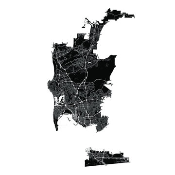 San Diego, California, United States, Black and White high resolution vector map