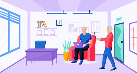 Old people try to use computer. Elderly characters sitting and typing on keyboard. Man stands, holds laptop and surfs internet. Person communicate through gadget and spends time on social media