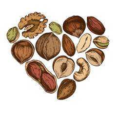 Heart design with colored cashew, peanut, pistachio, hazelnut, almond, walnut