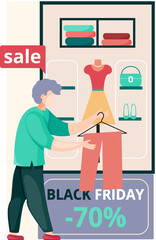 Women in clothing store on black friday. Seasonal discount offers clothes on sale. Closeout in boutique. Happy shopaholic makes purchase. Satisfied female customer with shopping bags in fashion market