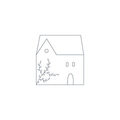 Сountry house, cottage with vine or ivy. Line art, outline vector illustration. Thin clean contour. Editable stroke.