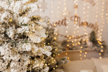 white tree in the interior close up. Beautiful Christmas home decor.